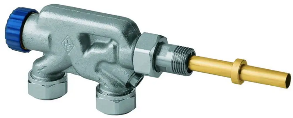 Ein Heizkörperventil aus Metall mit seitlichem Anschluss und einem blauen Einstellknopf, hergestellt von IMI Hydronic Engineering.